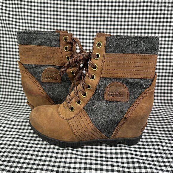 Sorel Lexie Boots Women's 9 Brown Gray Leather Hidden Wedge Lace Up Lug Booties - Picture 1 of 7